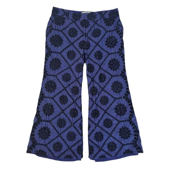 ETT TWA Anthropologie Embroidered Medallion Eyelet Wide Leg Pants Navy Blue 10P - Picture 2 of 9